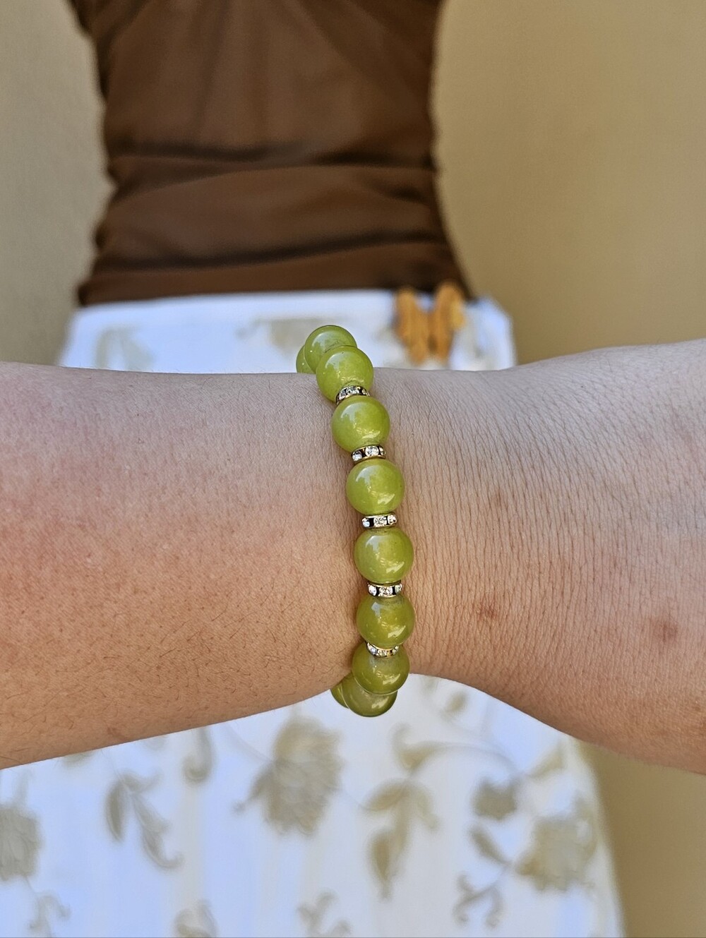 Stretch Bracelet W/ Vibrant Green Gemstones & Rhinestone Rondelle Spacers